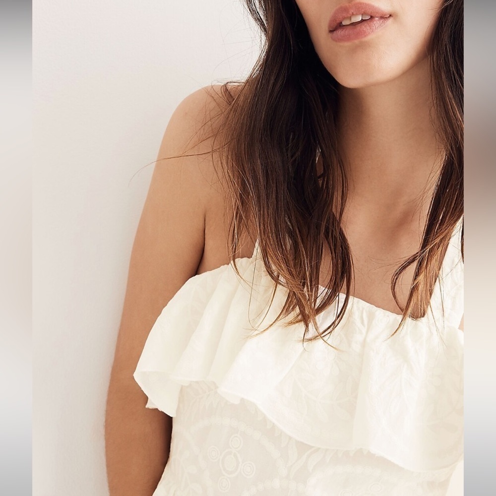 Madewell Embroidered Apron Ruffle Dress White Lace Criss Cross Back Size 10 - Picture 2 of 13